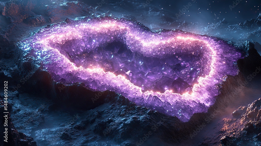 Wall mural amethyst light emanates from a large, geode-like formation embedded in the side of a mountain