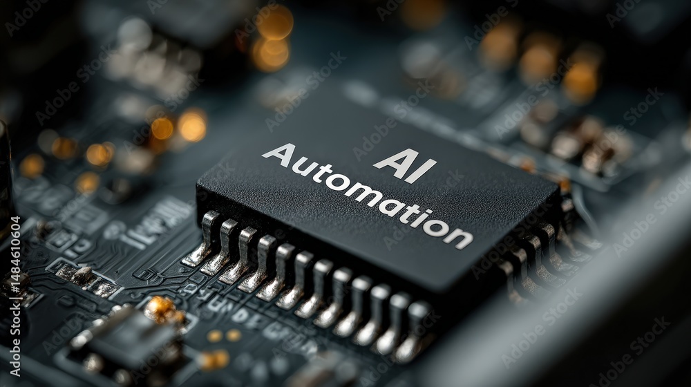 Poster ai automation chip: a close-up shot of a silicon chip etched with the words 