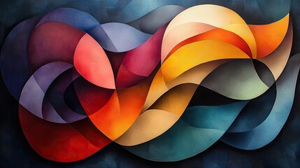 An abstract composition of swirling colors and geometric shapes, creating a sense of dynamic movement and energy