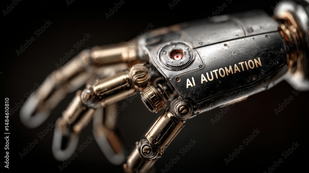 Poster ai automation hand: a detailed close-up of a metallic robotic hand labeled 
