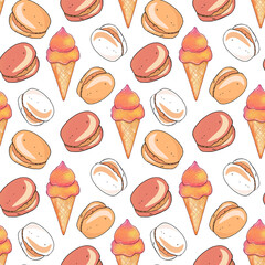 Seamless Pattern with Ice Cream Cones and Macarons. Hand Drawn Dessert Background with Ice Cream and Sweets
