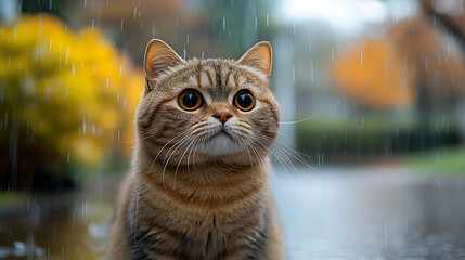 Scottish Fold sitting beside a puddle in a flooded urban area with rain drizzling softly 