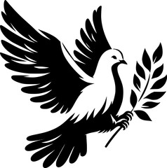 Obraz premium Vector black silhouette of a flying dove with olive branch on a white background. Pigeon, symbol of peace. EPS 10 version.