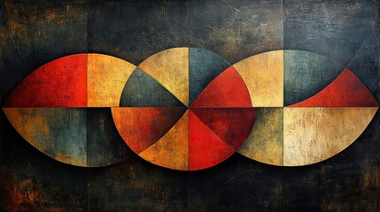An abstract pattern of overlapping geometric shapes in muted earth tones, creating a sense of depth and texture