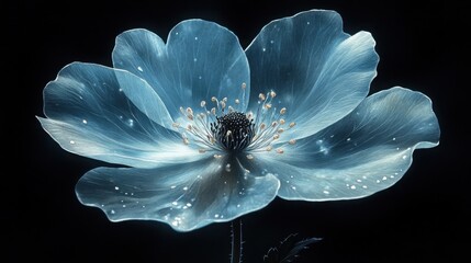 Delicate watercolor large flower in cool tones with silver touches set against a dark background