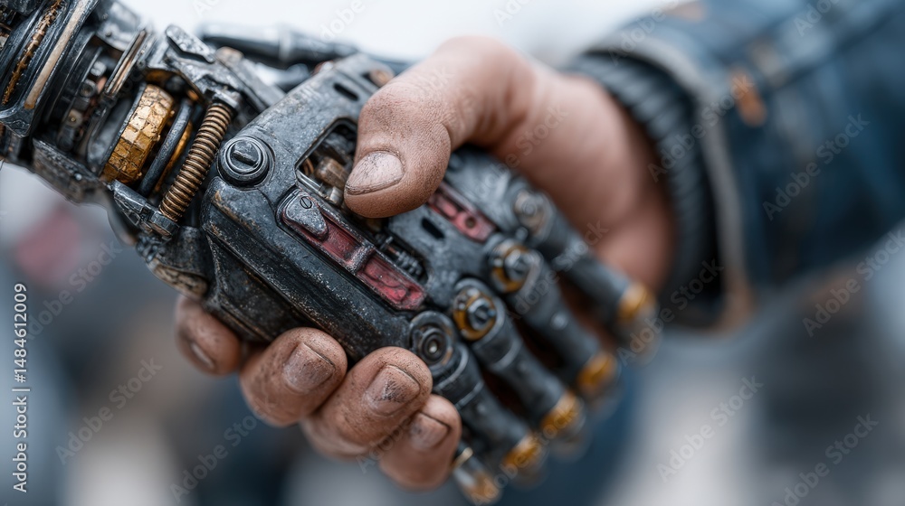 Poster human and robot handshake: capturing a futuristic vision of collaboration, a human hand clasps firml