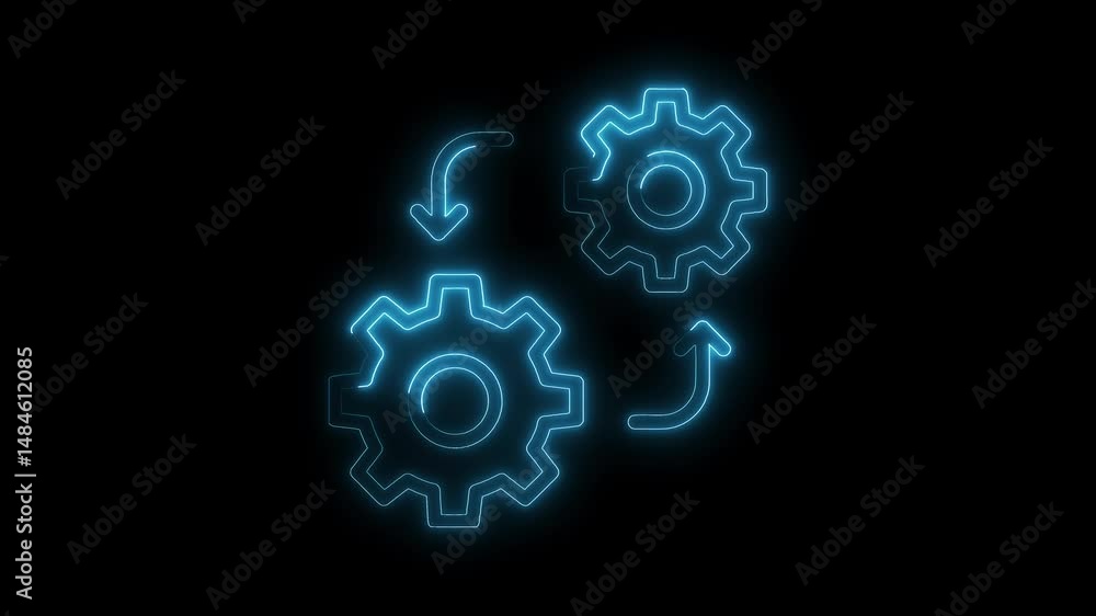 Poster neon gears and arrows moving system on black background technology and processing