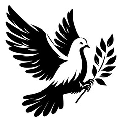 Obraz premium Vector black silhouette of a flying dove with olive branch on a white background. Pigeon, symbol of peace. Transparent PNG version.
