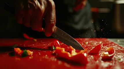 A close-up image of hands chopping red onions on a bright red cutting board.
