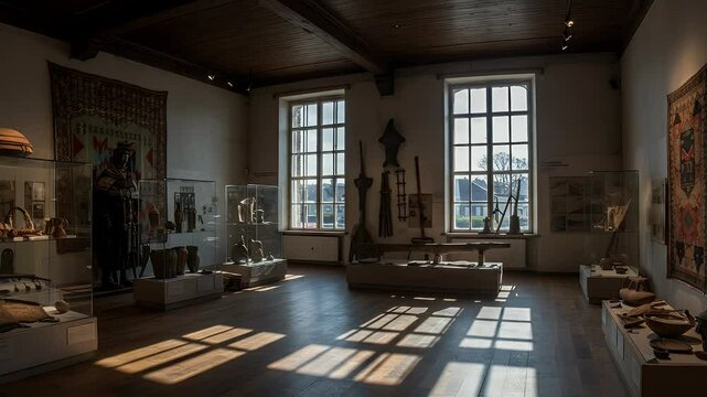 A spacious museum exhibit showcasing various historical artifacts under natural light, with shadows cast on wooden floors