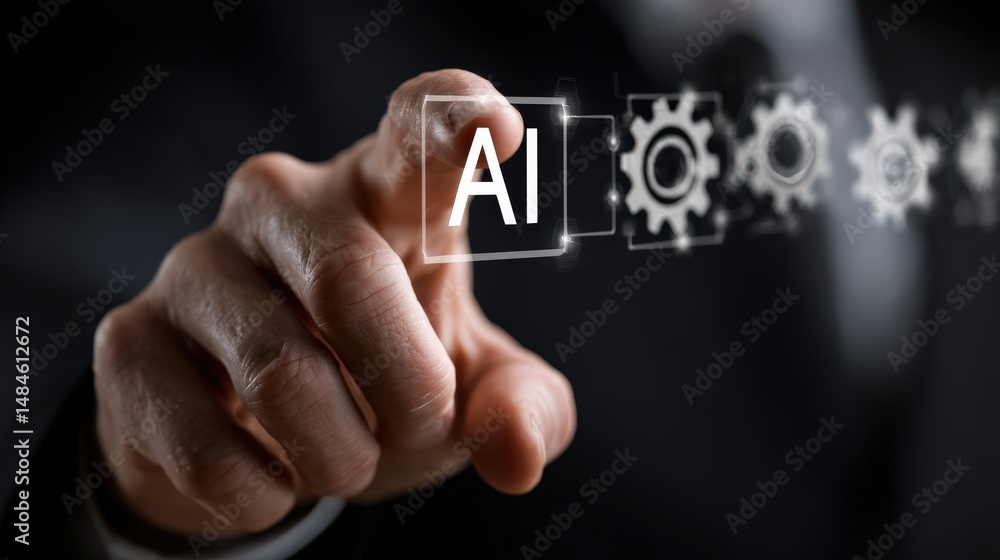 Poster ai technology at hand: a forward-thinking individual interacts with an ai interface, showcasing the 