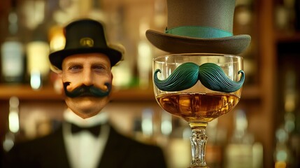 A clear glass with a rounded shape contains amber-colored liquid, adorned with a bright green felt mustache placed across the upper rim.