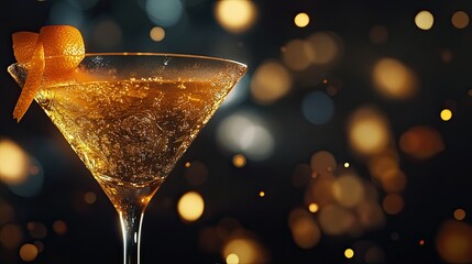 A close-up of a martini glass filled with a dark cocktail, garnished with a curled orange peel.