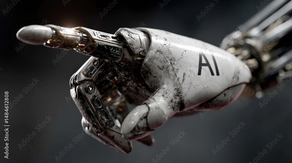 Poster ai robotic hand pointing: a weathered, metallic robotic hand, etched with the letters 