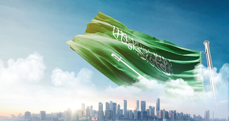 Saudi Arabia national flag waving with skyline and buildings. Saudi Arabian national flag for...