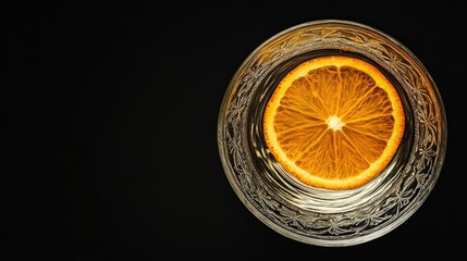 A dark, elegant martini glass filled with a rich, dark beverage, highlighted by a twist of orange peel perched on the rim.