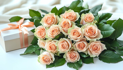 Obraz premium Elegant bouquet of orange roses with gift box and soft lighting
