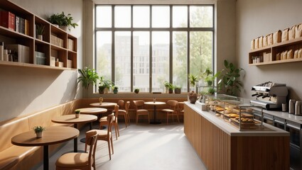 Obraz premium Cozy Modern Coffee Shop Interior with Scandinavian Design and Warm Natural Lighting