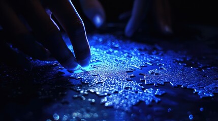 A close-up of a hand placing a puzzle piece into a partially completed puzzle, illuminated by a soft blue light.