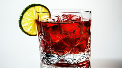 A short cocktail glass filled with vibrant red liquid and ice cubes, garnished with a lime wedge.