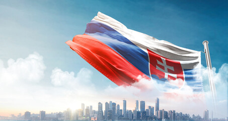 Slovakia national flag waving with skyline and buildings. Slovakia national flag for independence...