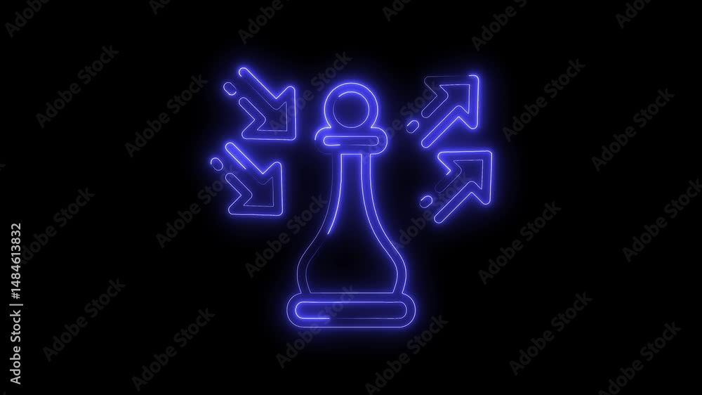 Poster neon chess pawn with diverging arrows symbolizing business strategy and decentralization on dark bac