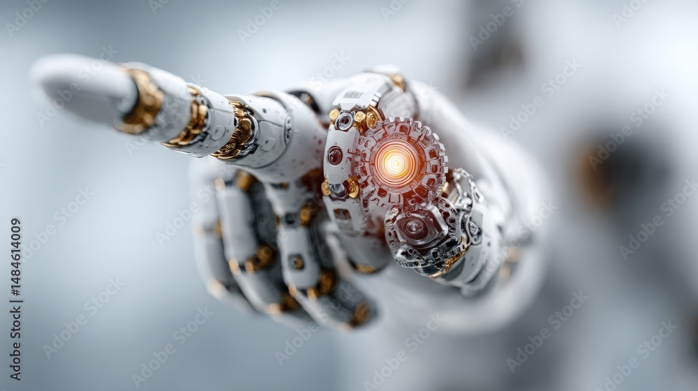 Poster cybernetic directive: a detailed view of a futuristic robotic arm pointing forward with illuminated 