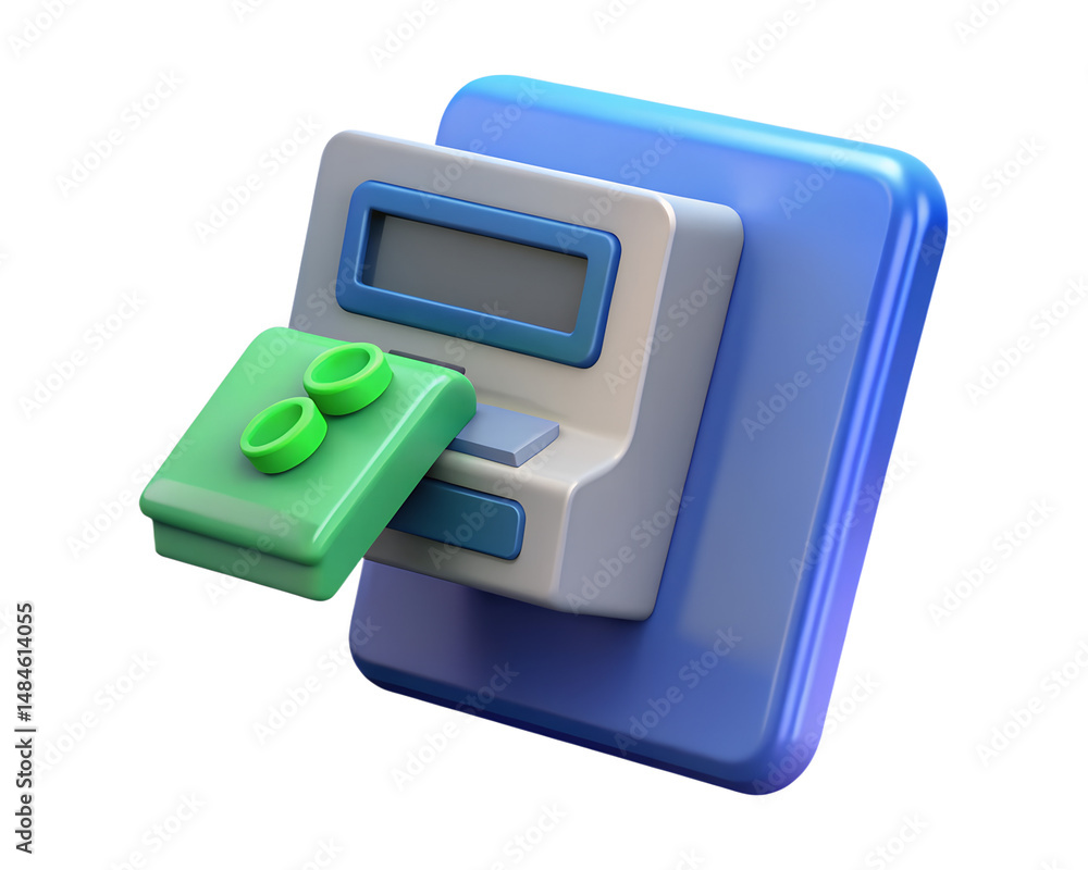 Poster a vibrant high quality 3d rendering icon of a modern payment terminal with a credit card ready for t