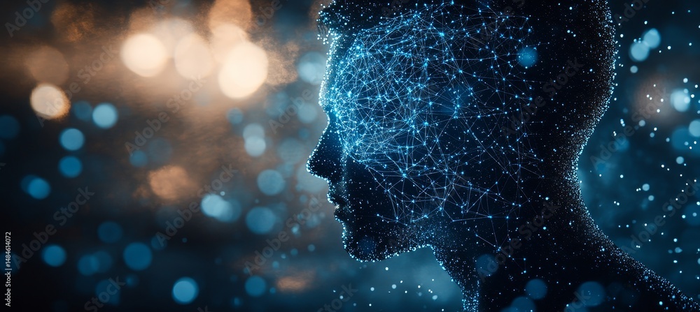 Aufkleber silhouette of a person with glowing neural network in the brain, abstract background.