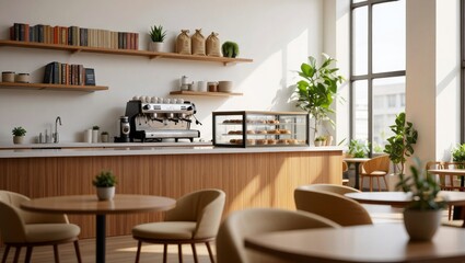 Cozy Modern Coffee Shop Interior with Scandinavian Design and Warm Natural Lighting