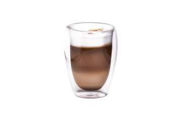 Glass cup with cappuccino coffee. Side view Isolated on white or transparent background close up