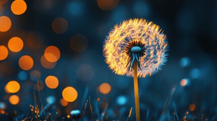 Enchanting dandelion illuminated by soft light with intricate details against a dark background