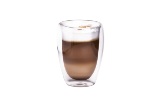 Glass cup with cappuccino coffee. Side view Isolated on white or transparent background close up