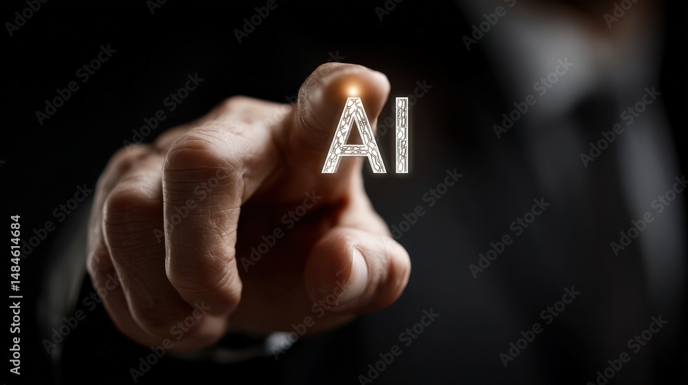 Poster ai interaction: a hand reaches out, pointing towards an ai symbol, creating a dramatic visual of the