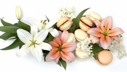 Elegant floral arrangement with pastel macarons on white background