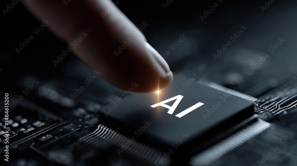 Poster ai activation: a fingertip touches the 'ai' button on a high-tech circuit board, symbolizing the daw