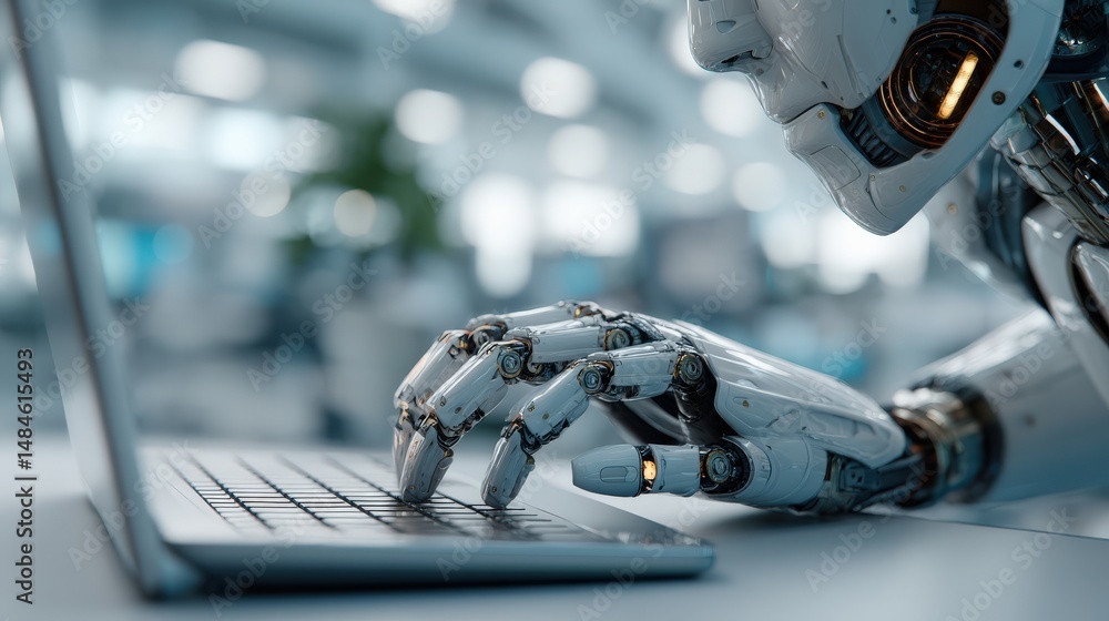 Aufkleber robotic interaction with laptop: a futuristic robot, intricately designed with metallic components, 