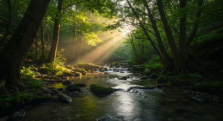 Obraz premium Sunbeams Illuminate Mossy Stream in Verdant Forest