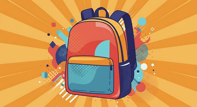 Vibrant Backpack Illustration with Colorful Abstract Elements and Burst Background