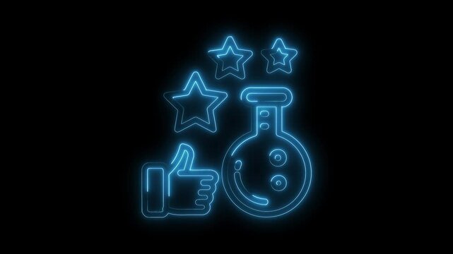Glowing neon science research validation with thumb up and stars isolated on black background