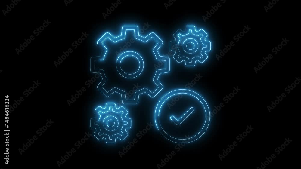 Poster neon glowing gears and checkmark symbol animation on a clean dark background