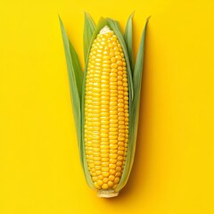 Obraz premium Ear of Fresh Corn, Vibrant Yellow Kernels, Intact Cob, Isolated on Bright Yellow Background,