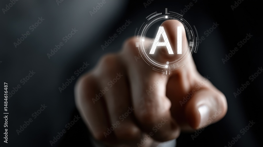 Poster digital finger pointing to ai: a close-up shot focuses on a human finger, poised to make contact wit