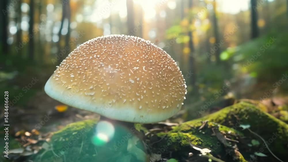 Poster macro video of mushroom cap with intricate gills and crawling insects in dense forest, dappled light