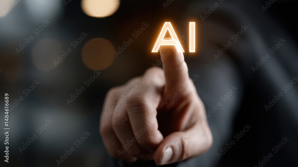Poster ai touch: a close-up captures a finger poised to interact with the illuminated letters 