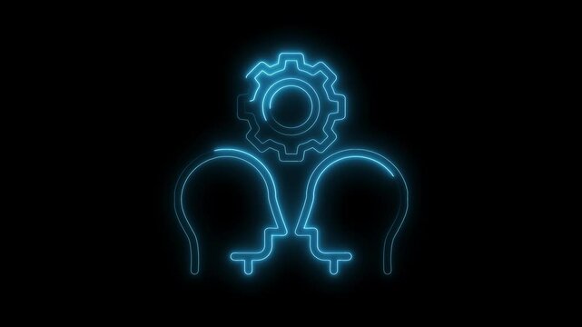Glowing neon two heads and gear symbolizing teamwork ideas and brainstorming on black background