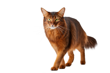 A Somali cat in mid-stride exudes elegance with its ruddy ticked coat and vibrant green eyes. The cat's athletic grace is highlighted against a pristine white background