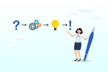 Businesswoman solving problem with solution, creative thinking for solution or result, solving problem or question and answer, method or analysis for solution and success, resolution process concept