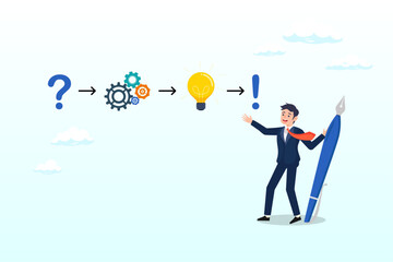 Businessman solving problem with solution, creative thinking for solution or result, solving problem or question and answer, method or analysis for solution and success, resolution process concept