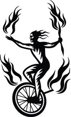 Performer riding a unicycle while juggling torches that are lit with flames silhouette, performer riding a unicycle while juggling torches that are lit with flames line art vector icon design